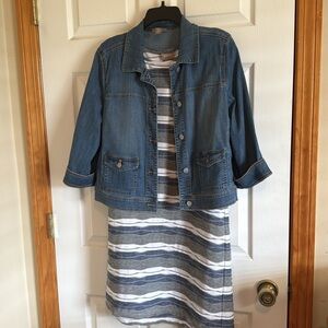 Chico's Navy and White dress

Perfect with Jean jacket or white cardigan